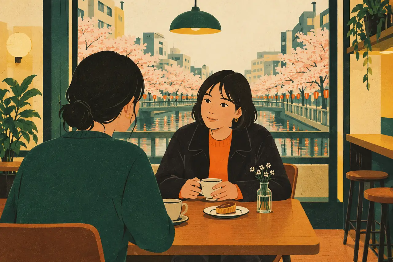 Heart to heart. A friend has been quiet all evening at a café in Nakameguro.