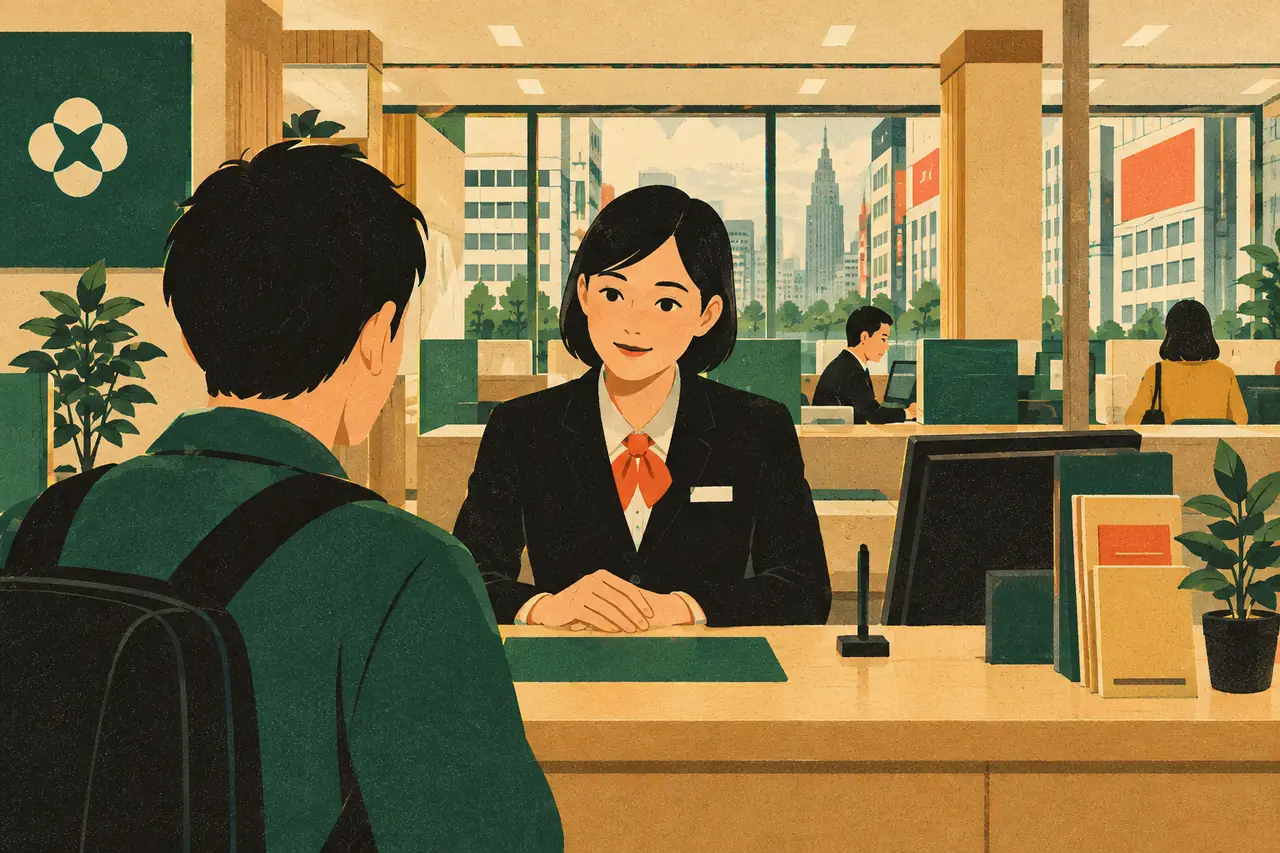 At the bank counter. You walk into a bank branch in Shinjuku to open your first Japanese account.